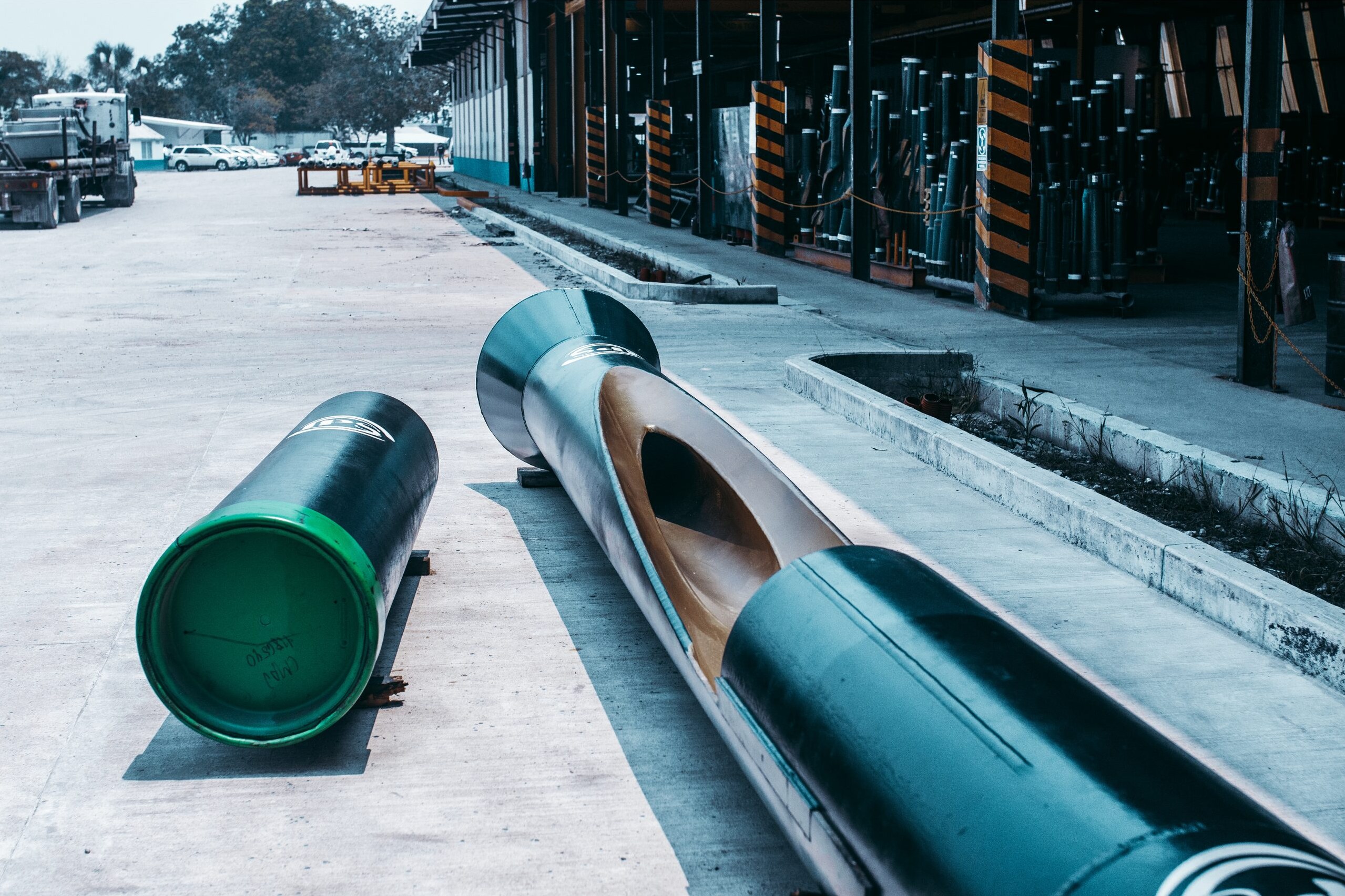 Casing joints staged along the pipe yard